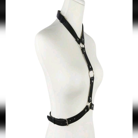 PU Leather BDSM Restraining Body Harness & Handcuffs Set (OS) Multiple Hook Ups! - Picture 11 of 16